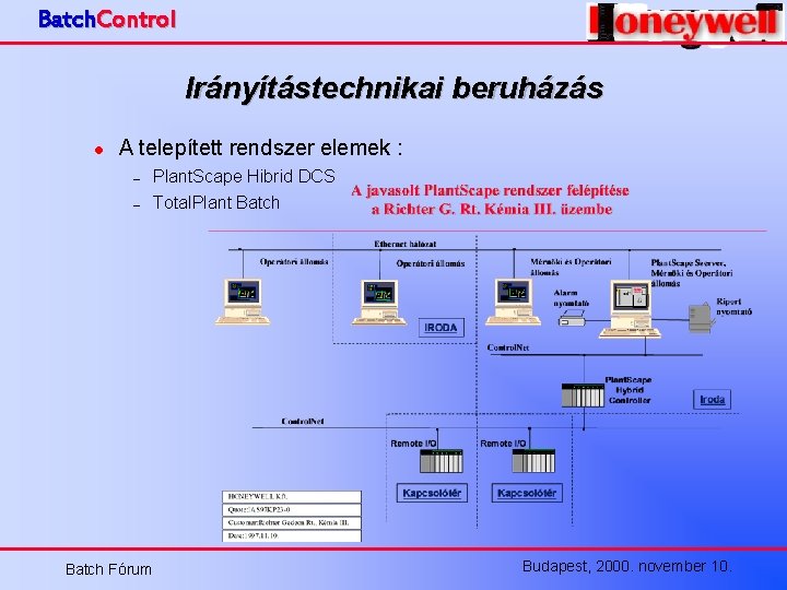 Batch. Control Irányítástechnikai beruházás l A telepített rendszer elemek : – – Batch Fórum