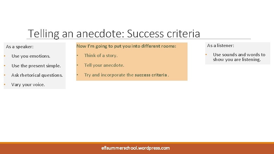 Telling an anecdote: Success criteria As a speaker: As a listener: Now I’m going