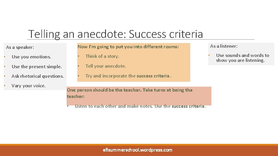 Telling an anecdote: Success criteria As a listener: Now I’m going to put you