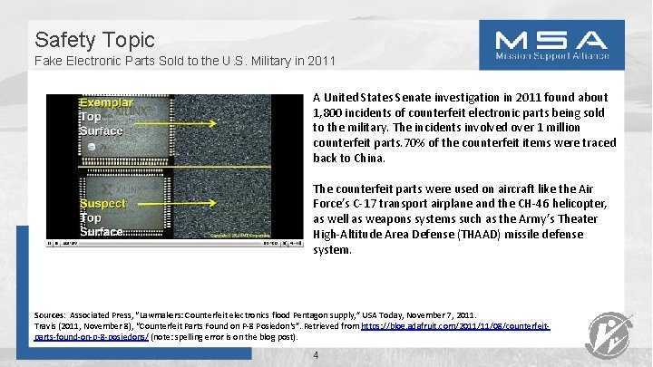 Safety Topic Fake Electronic Parts Sold to the U. S. Military in 2011 A