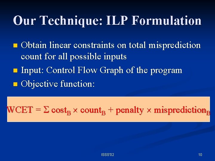 Our Technique: ILP Formulation Obtain linear constraints on total misprediction count for all possible