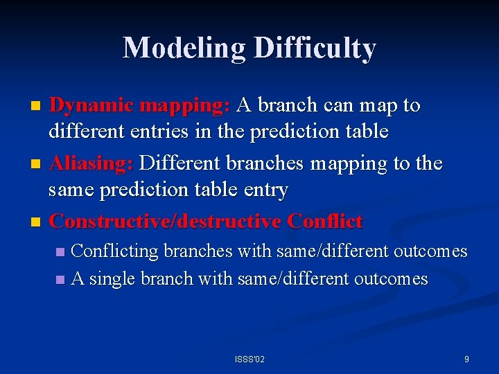 Modeling Difficulty Dynamic mapping: A branch can map to different entries in the prediction