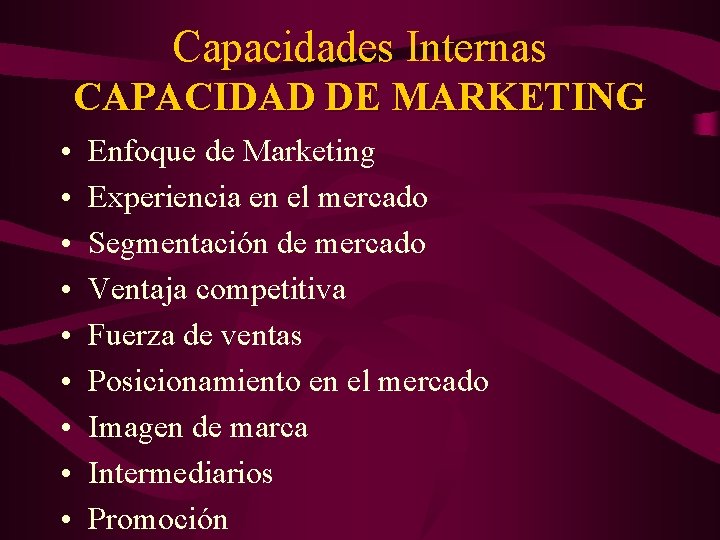 Capacidades Internas CAPACIDAD DE MARKETING • • • Enfoque de Marketing Experiencia en el