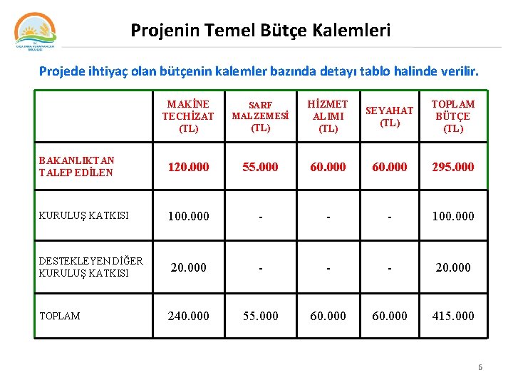 Projenin Temel Bütçe Kalemleri Projede ihtiyaç olan bütçenin kalemler bazında detayı tablo halinde verilir.