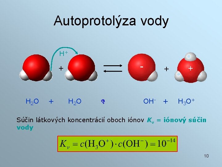 Autoprotolýza vody H+ - + H 2 O OH- + + + H 3