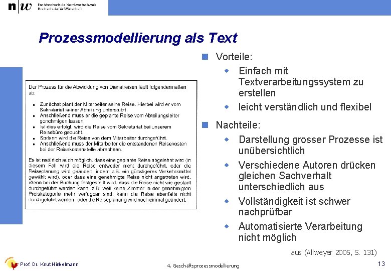 Prozessmodellierung als Text n Vorteile: w Einfach mit Textverarbeitungssystem zu erstellen w leicht verständlich