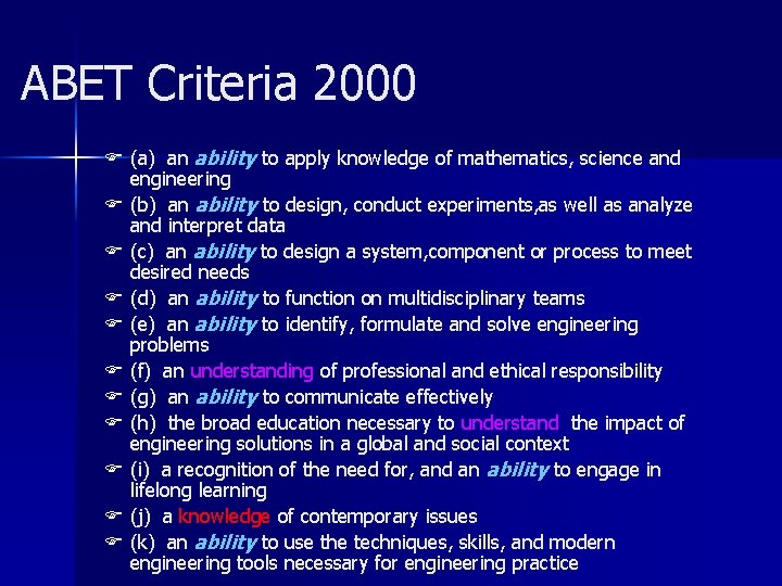 ABET Criteria 2000 F (a) an ability to apply knowledge of mathematics, science and