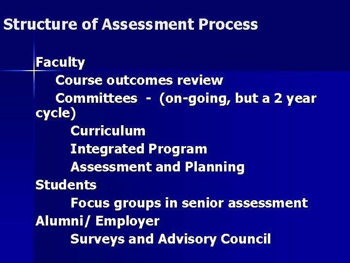 Structure of Assessment Process Faculty Course outcomes review Committees - (on-going, but a 2