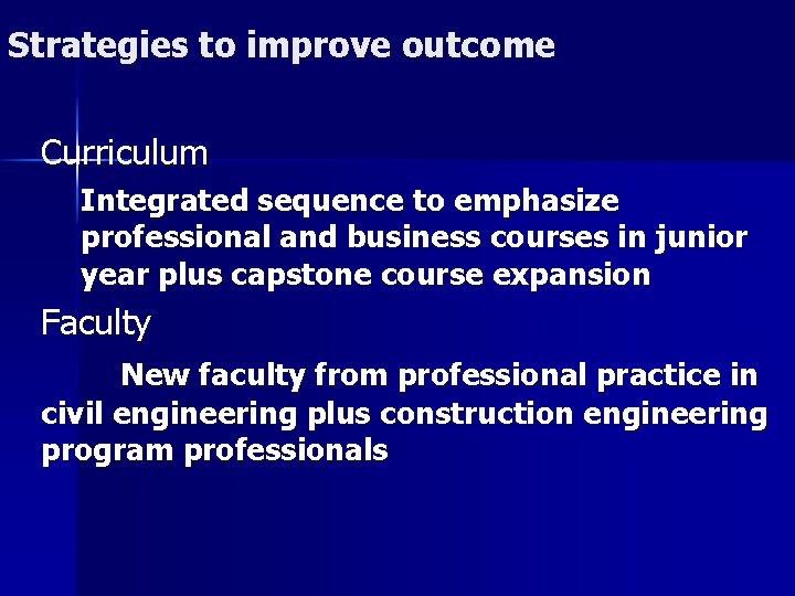 Strategies to improve outcome Curriculum Integrated sequence to emphasize professional and business courses in
