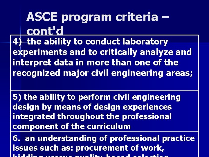 ASCE program criteria – cont'd 4) the ability to conduct laboratory experiments and to