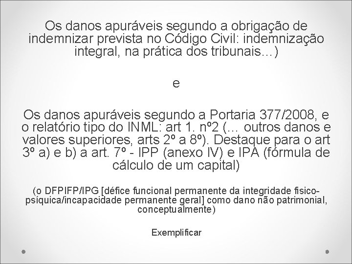 Os danos apuráveis segundo a obrigação de indemnizar prevista no Código Civil: indemnização integral,