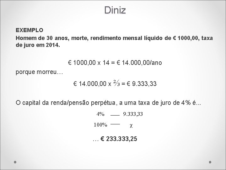 Diniz EXEMPLO Homem de 30 anos, morte, rendimento mensal líquido de € 1000, taxa