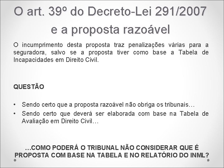 O art. 39º do Decreto-Lei 291/2007 e a proposta razoável O incumprimento desta proposta