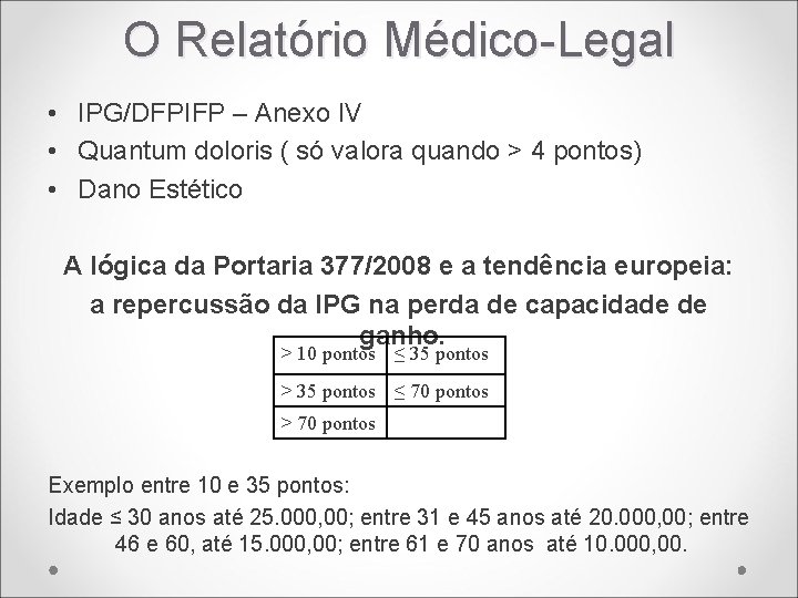 O Relatório Médico-Legal • IPG/DFPIFP – Anexo IV • Quantum doloris ( só valora