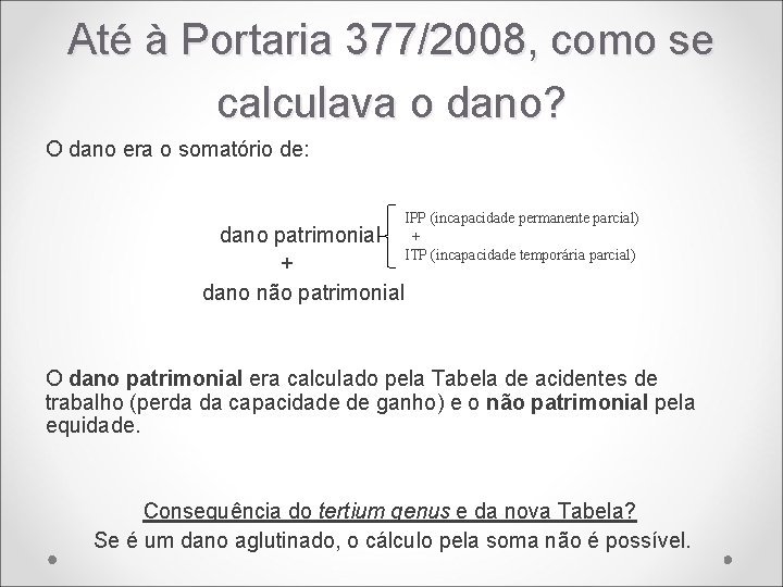 Até à Portaria 377/2008, como se calculava o dano? O dano era o somatório