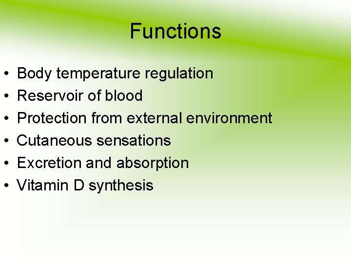 Functions • • • Body temperature regulation Reservoir of blood Protection from external environment