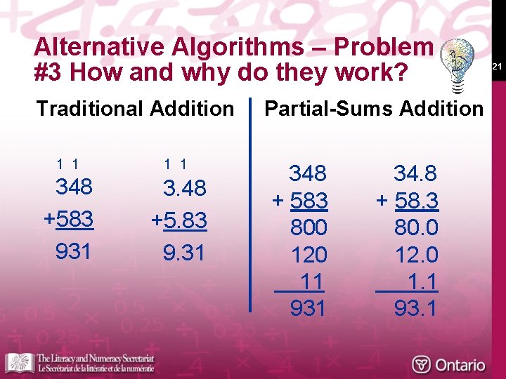 Alternative Algorithms – Problem #3 How and why do they work? Traditional Addition 1