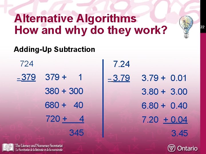 Alternative Algorithms How and why do they work? 22 Adding-Up Subtraction 724 – 379