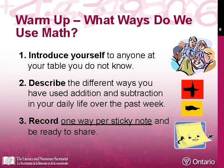 Warm Up – What Ways Do We Use Math? 1. Introduce yourself to anyone