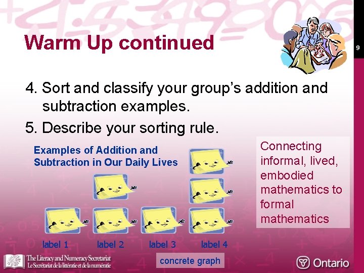 Warm Up continued 9 4. Sort and classify your group’s addition and subtraction examples.