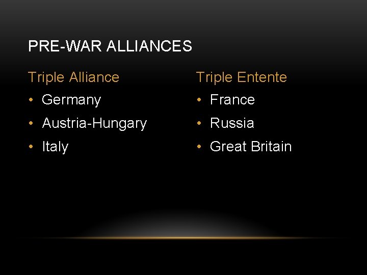 PRE-WAR ALLIANCES Triple Alliance Triple Entente • Germany • France • Austria-Hungary • Russia