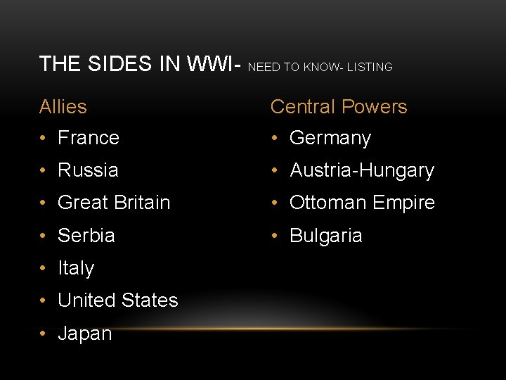 THE SIDES IN WWI- NEED TO KNOW- LISTING Allies Central Powers • France •