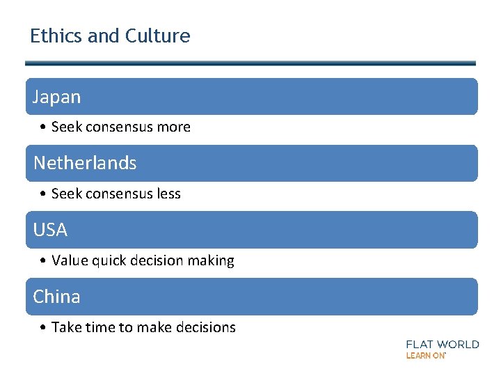 Ethics and Culture Japan • Seek consensus more Netherlands • Seek consensus less USA