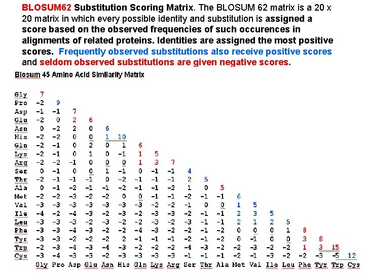 BLOSUM 62 Substitution Scoring Matrix. The BLOSUM 62 matrix is a 20 x 20