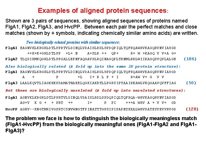 Examples of aligned protein sequences: Shown are 3 pairs of sequences, showing aligned sequences