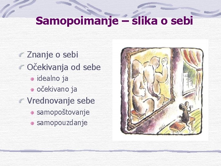 Samopoimanje – slika o sebi Znanje o sebi Očekivanja od sebe idealno ja očekivano