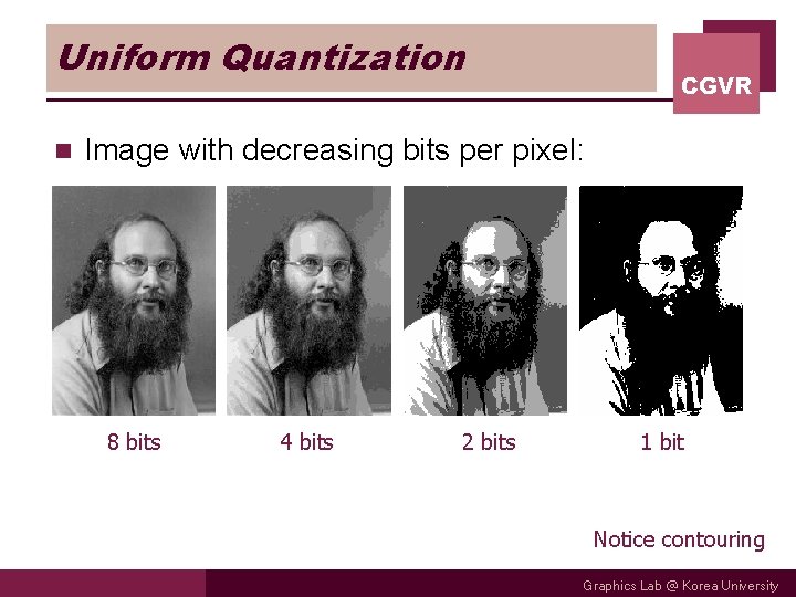 Uniform Quantization n CGVR Image with decreasing bits per pixel: 8 bits 4 bits