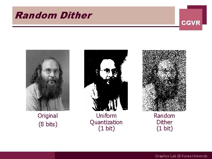 Random Dither Original (8 bits) Uniform Quantization (1 bit) CGVR Random Dither (1 bit)