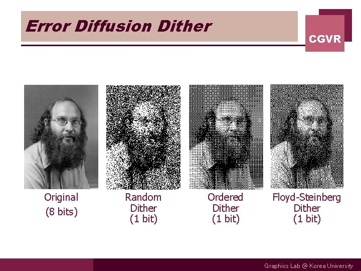 Error Diffusion Dither Original (8 bits) Random Dither (1 bit) Ordered Dither (1 bit)