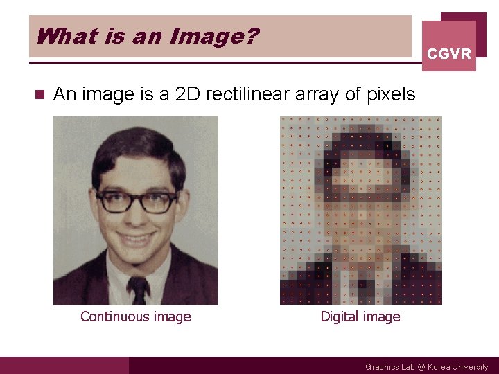 What is an Image? n CGVR An image is a 2 D rectilinear array
