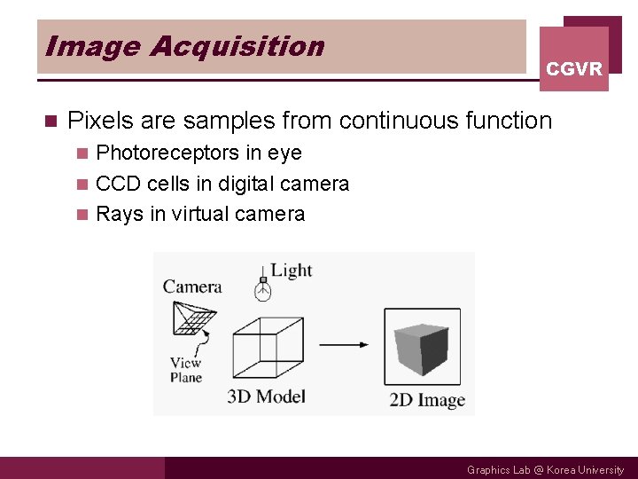 Image Acquisition n CGVR Pixels are samples from continuous function Photoreceptors in eye n