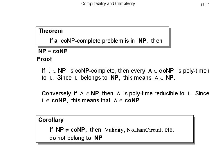 Computability and Complexity 17 -13 Theorem If a co. NP-complete problem is in NP,