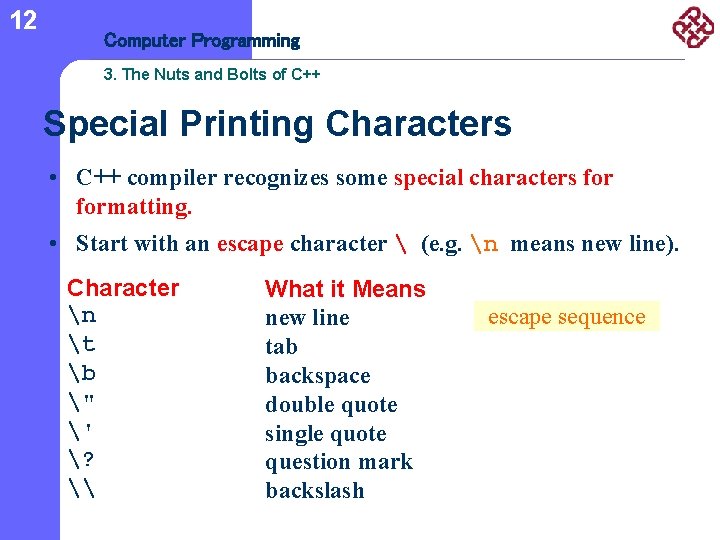 12 Computer Programming 3. The Nuts and Bolts of C++ Special Printing Characters •