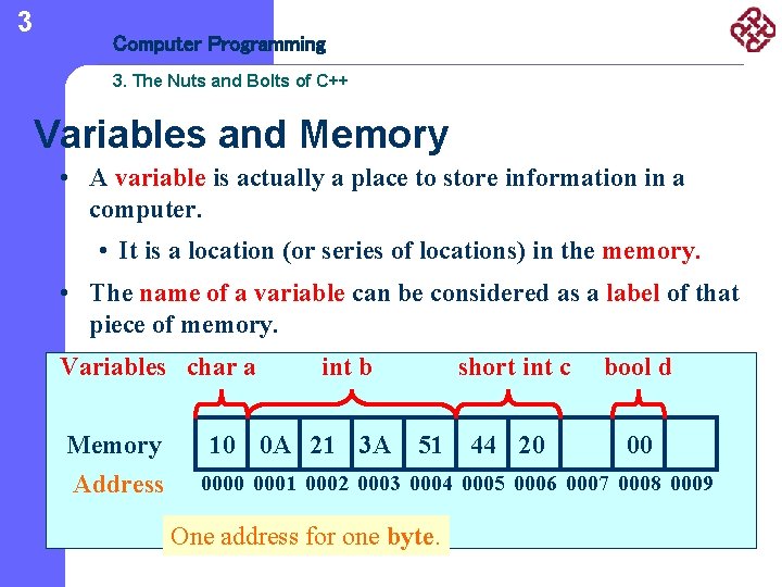 3 Computer Programming 3. The Nuts and Bolts of C++ Variables and Memory •