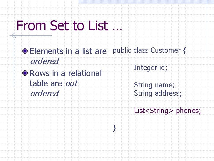 From Set to List … Elements in a list are public class Customer {