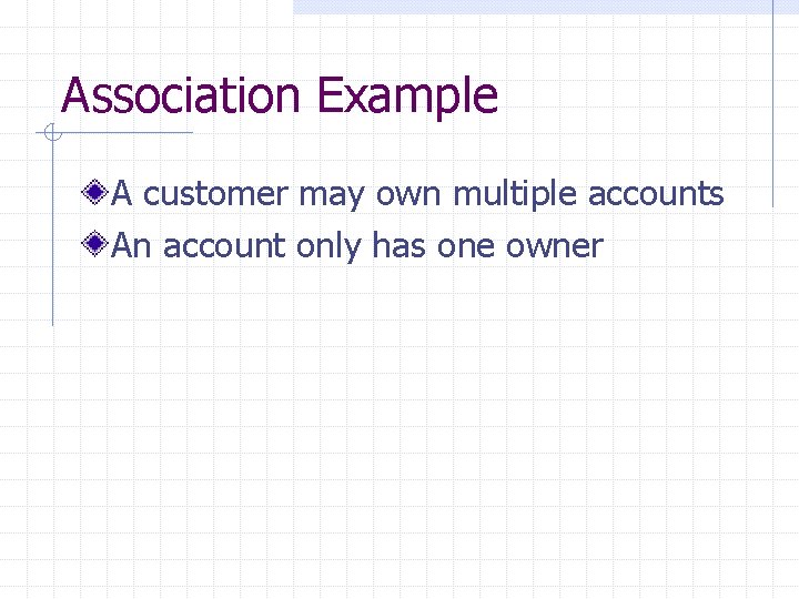 Association Example A customer may own multiple accounts An account only has one owner