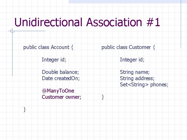 Unidirectional Association #1 public class Account { Integer id; Double balance; Date created. On;