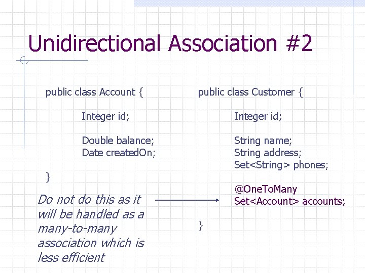 Unidirectional Association #2 public class Account { public class Customer { Integer id; Double
