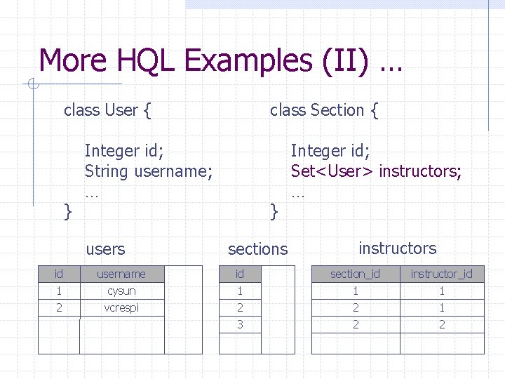 More HQL Examples (II) … class User { } Integer id; String username; …