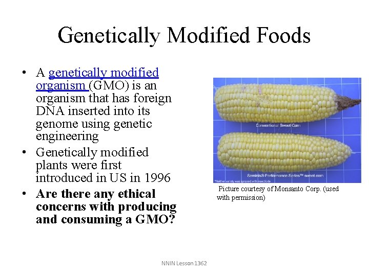 Genetically Modified Foods • A genetically modified organism (GMO) is an organism that has