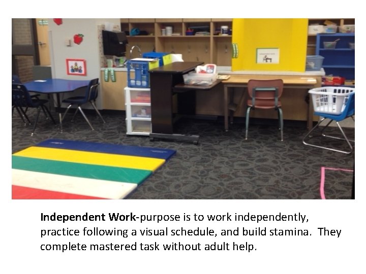 Independent Work-purpose is to work independently, practice following a visual schedule, and build stamina.