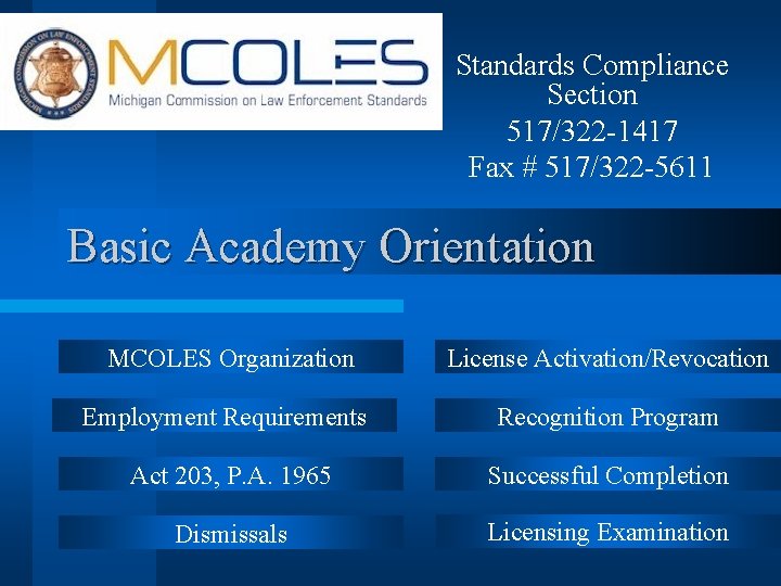Standards Compliance Section 517/322 -1417 Fax # 517/322 -5611 Basic Academy Orientation MCOLES Organization