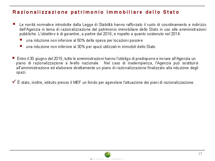  Razionalizzazione patrimonio immobiliare dello Stato § Le novità normative introdotte dalla Legge di