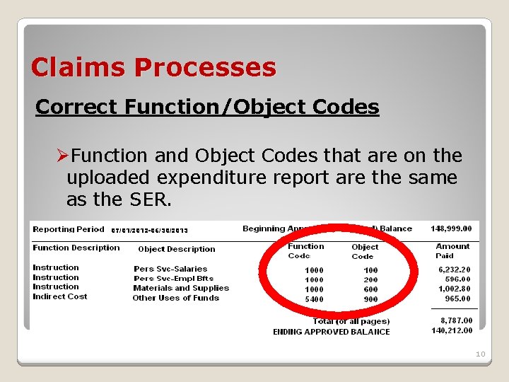 Claims Processes Correct Function/Object Codes ØFunction and Object Codes that are on the uploaded