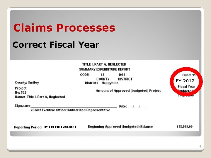 Claims Processes Correct Fiscal Year FY 2013 07/01/2012 -06/30/2013 6 