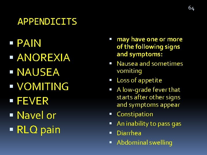 64 APPENDICITS PAIN ANOREXIA NAUSEA VOMITING FEVER Navel or RLQ pain may have one